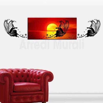 quadro moderno con stampa su tela di un tramonto con farfalla e 2 farfalle adesive che completeranno la decorazione da parete