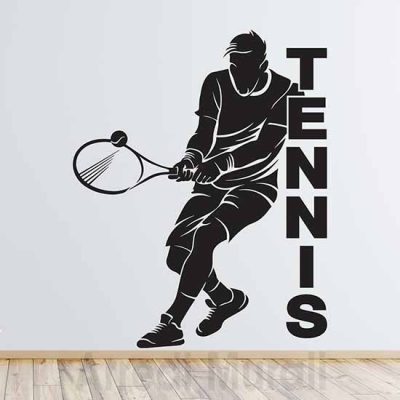 Adesivi murali tennis silhouette di giocatore con racchetta e pallina e scritta adesiva tennis colore nero