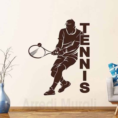 Adesivi murali tennis silhouette di giocatore con racchetta e pallina e scritta adesiva tennis