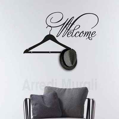 stickers welcome appendiabiti con scritta adesiva da parete e 3 pomelli in metallo per appenderci indumenti leggeri