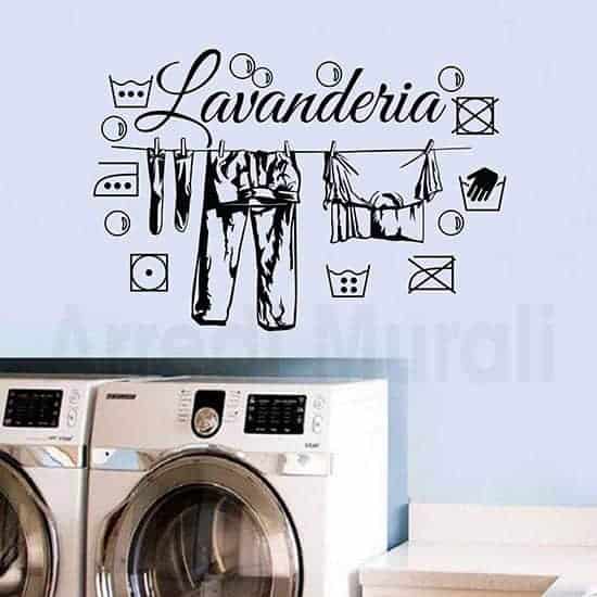 adesivi murali lavanderia con simboli e bucato steso