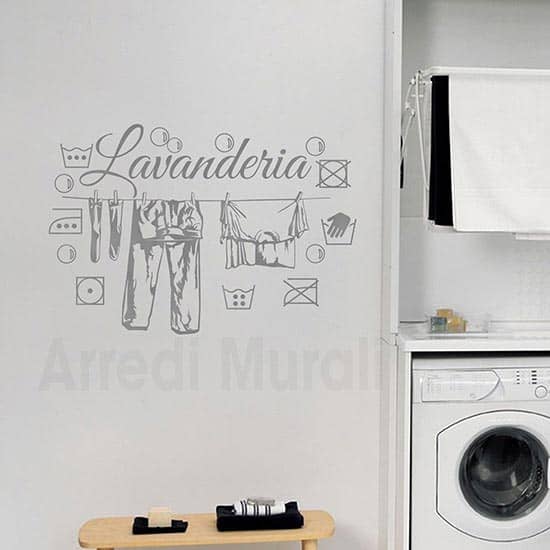 adesivi murali lavanderia con disegni adesivi dei simboli del bucato e scritta adesiva