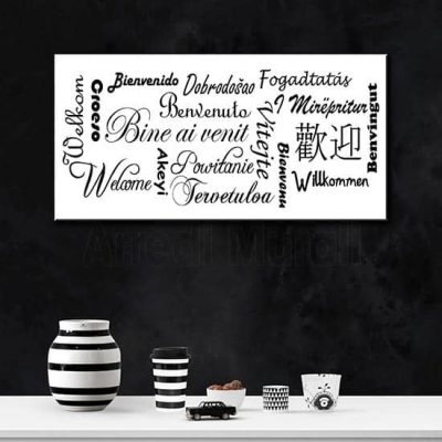 Quadro con scritte benvenuto scritto con varie lingue