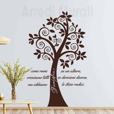 Adesivi murali alberi con frase famiglia marrone