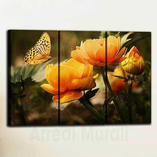 Quadri con fiori arancioni con farfalla 3 tele