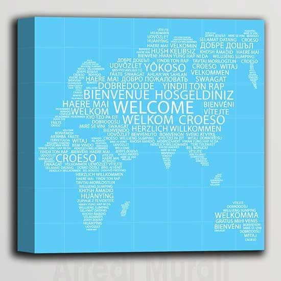 Quadro moderno con scritte benvenuto in tutte le lingue del mond