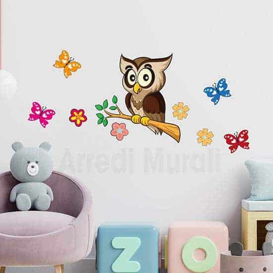 Adesivi murali bambini gufo con farfalle