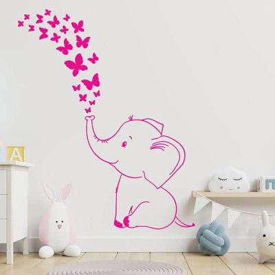 Adesivi murali elefantino con farfalle fucsia