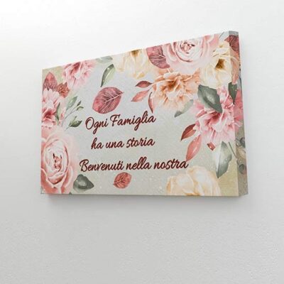 Quadro con fiori e frase per la famiglia su tela