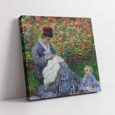 Quadro famoso su tela Camille Monet con un bambino nel giardino