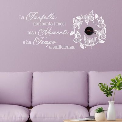 Orologio da parete design con frase adesiva e farfalle
