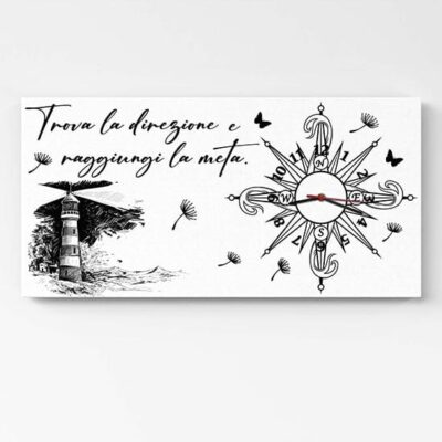 Quadro orologio da muro rosa dei venti e frase