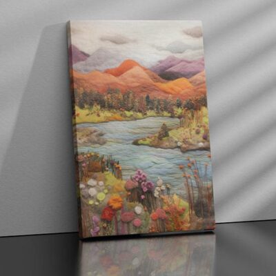Quadro con paesaggio infeltrito ad ago stampato su tela