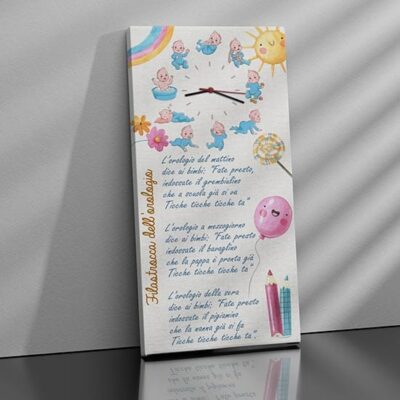 Decorazione murale per bambini: orologio su tela con filastrocca e illustrazioni giocose, perfetto per accompagnare i più piccoli nelle routine quotidiane con allegria.
