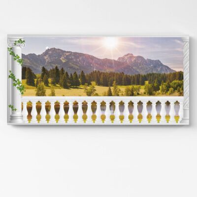 Quadro decorativo su tela con vista montagna dal balcone – Set di 2 tele per testiera letto.