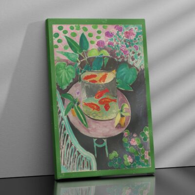 Quadro artistico con pesci rossi, foglie verdi e fiori vivaci nello stile espressivo di Matisse.