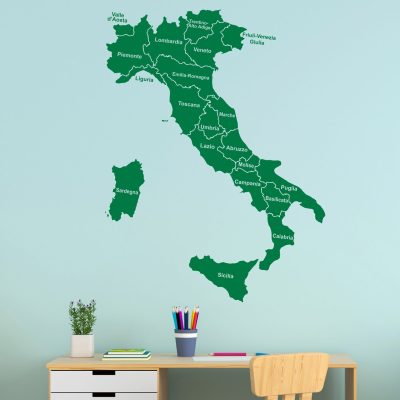 Adesivo murale Mappa dell'Italia con Regioni – Decorazione da parete elegante e minimalista che raffigura l'intera mappa dell'Italia con i nomi delle regioni, ideale per salotti, uffici e studi.