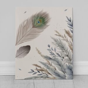 Una stampa su tela con motivi naturali: piume, rami e fiori di cotone su sfondo beige, perfetta per arredare con eleganza soggiorni e camere da letto.