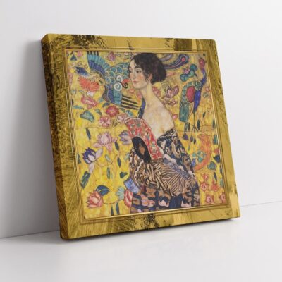 Riproduzione su tela del Quadro Dama con ventaglio di Klimt con cornice stampata: arte classica in stile moderno.
