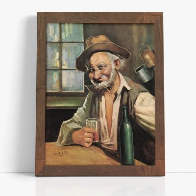 Stampa su tela "Il Vecchio con il Boccale" di De Curtis, ritratto realistico e nostalgico di un uomo in un'osteria tradizionale, ideale per decorazioni in stile retrò.