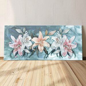 Quadro con gigli stampati su tela in stile moderno, ideale per impreziosire le pareti di casa con colori delicati e dettagli realistici.