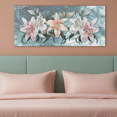Aggiungi un tocco di classe al tuo ambiente con questo quadro con gigli stampati su tela, perfetto per creare un’atmosfera rilassante e romantica.