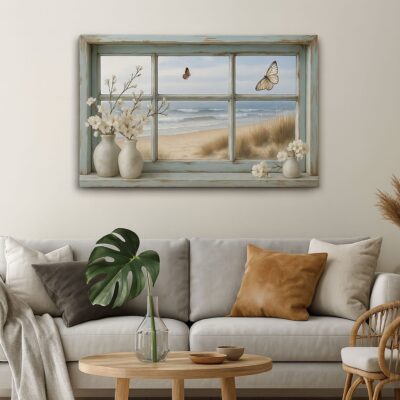 Quadro finestra stampata su tela con vista mare e farfalle bianche, decorazione shabby per soggiorno.