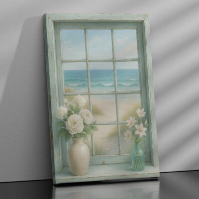 Elegante quadro shabby con finestra in stile trompe l’oeil, ideale per cucine, ingressi o camere da letto.