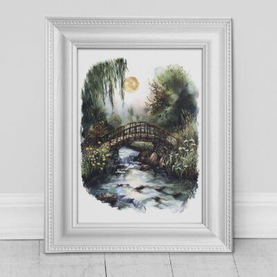 Quadro su tela con paesaggio e cornice stampata, ideale per arredare ambienti eleganti con un tocco naturale e rilassante.