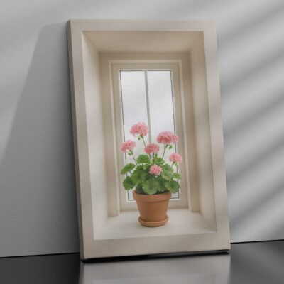 Quadro moderno con nicchia nella parete con vaso di gerani rosa in stile trompe l’oeil su tela.