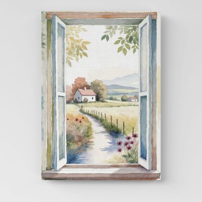 Quadro con finestra aperta su tela con vista su campagna e casa immersa nel verde, su sfondo bianco.