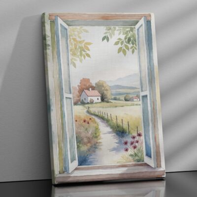 Quadro con finestra aperta su tela fotografato inclinato, con paesaggio rurale e dettagli naturali.