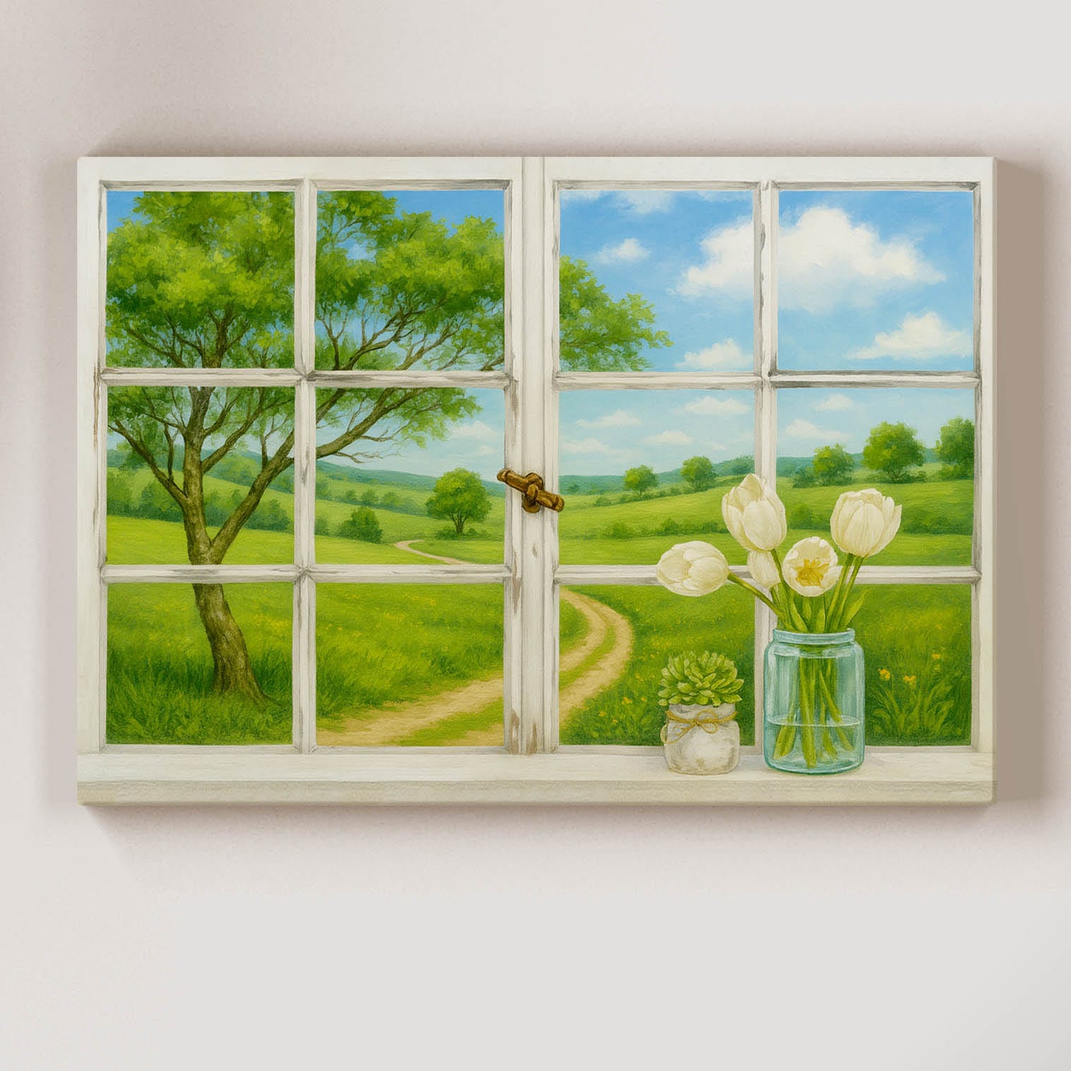 Quadro finestra su tela moderna con paesaggio naturale e cornice bianca decorativa.