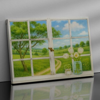 Stampa su tela moderna con effetto finestra aperta su paesaggio rilassante.