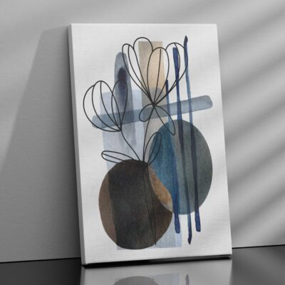 Quadro astratto moderno su tela con forme geometriche blu e marroni, perfetto per arredare con stile ambienti eleganti.